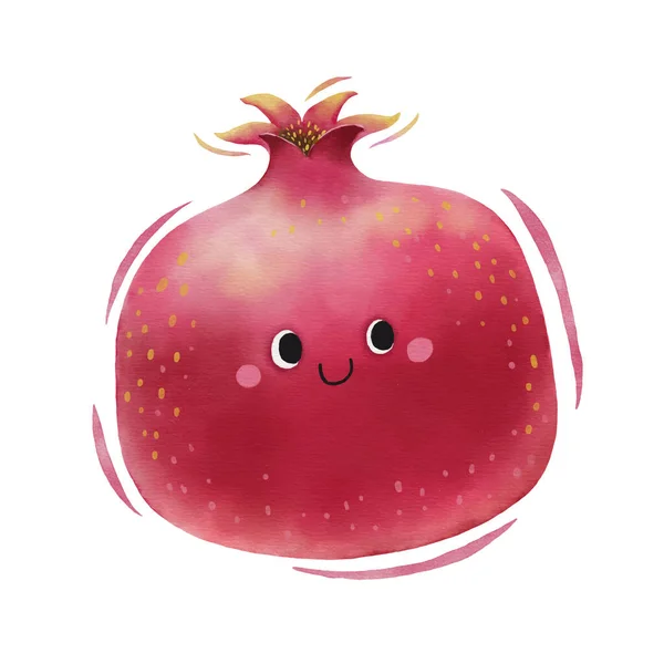 Watercolor Cute Pomegranate Cartoon Character — Stock Vector
