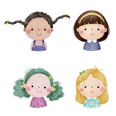Set of watercolor little girl faces, avatars, kid heads different nationality Set 2. 