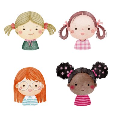 Set of watercolor little girl faces, avatars, kid heads different nationality set 2. 