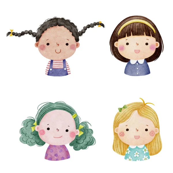 Set Watercolor Little Girl Faces Avatars Kid Heads Different Nationality — Stock vektor