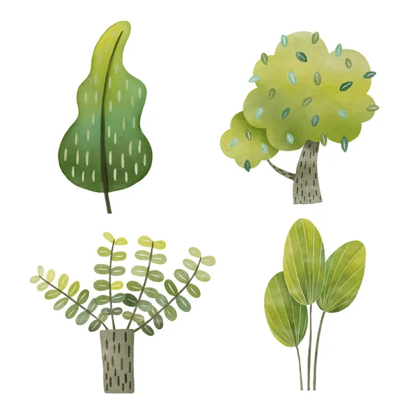Digital Watercolor Painting Green Tree Set — ストックベクタ