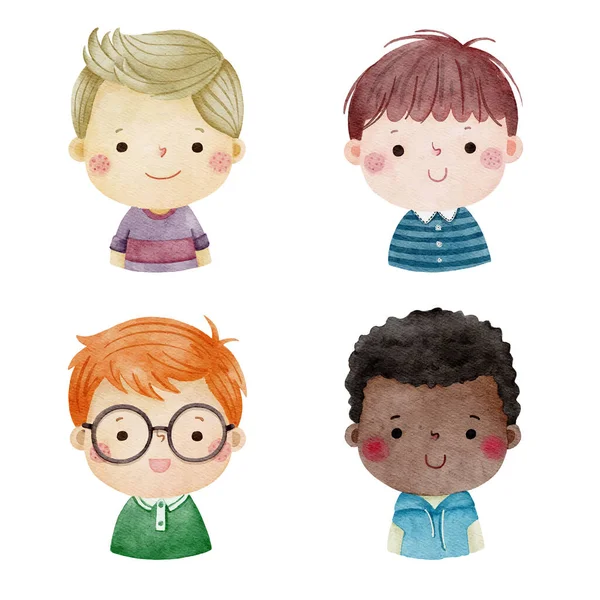 Set Watercolor Little Boy Faces Avatars Kid Heads Different Nationality — Stock vektor