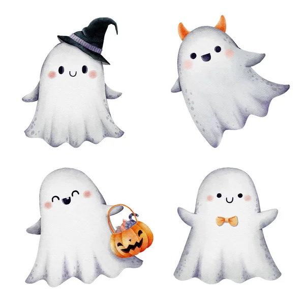 Set Acuarela Halloween Ghost Set Ilustración Vectorial — Archivo Imágenes Vectoriales