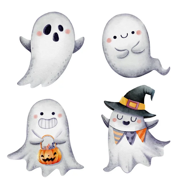 Set Acuarela Halloween Ghost Set Ilustración Vectorial — Archivo Imágenes Vectoriales