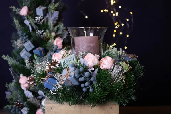 Couronne Bleue Traditionnelle Noël Sur Fond Sombre — Photo