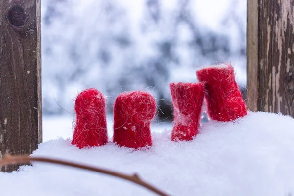 Winter Still Life Small Red Boots Snow — Stock Photo, Image