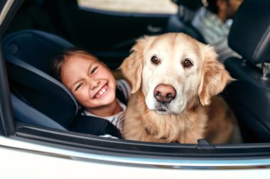 Bebek koltuğunda oturan sevimli küçük kız çocuğu emniyet kemerleriyle korunuyor ve arkadaşı köpek labrador da hafta sonu geliyor. Boş zaman, seyahat, turizm..