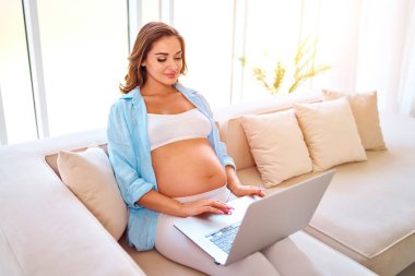 Genç hamile bir kadın dizüstü bilgisayarla kanepede oturuyor. Evden çalışmak, serbest çalışmak, online alışveriş. Annelik kavramı.