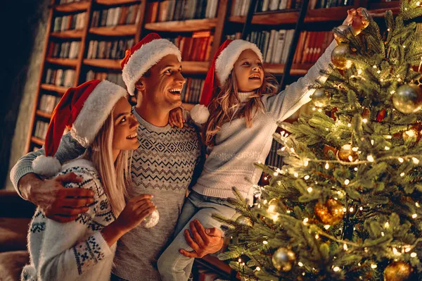 Новым Годом Рождеством Счастливая Семья Встречает Зимний Праздник Дома Мама — стоковое фото