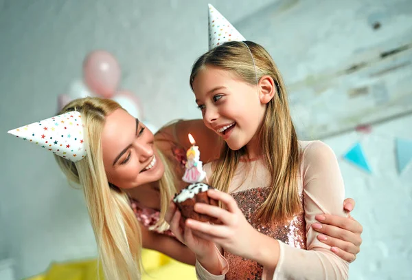 Happy Birthday Happy Mother Daughter Blowing Candles Cake Party Little — Stock Photo, Image