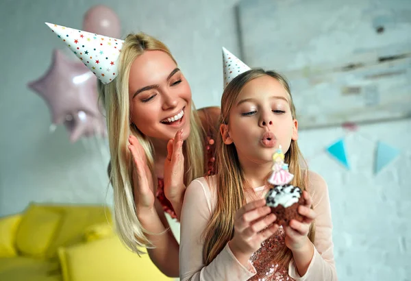 Happy Birthday Happy Mother Daughter Blowing Candles Cake Party Little — Stock Photo, Image
