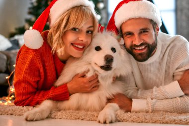 Mutlu Noeller ve mutlu yıllar! Köpekli mutlu çift Noel Baba şapkalarıyla evde güzel bir Noel ağacının yanında otururken birlikte yeni yılı bekliyor..