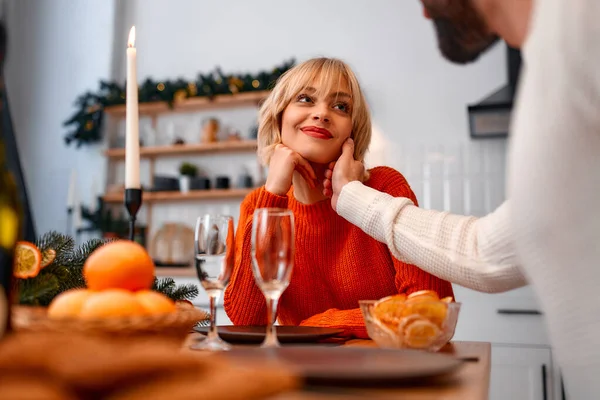 Merry Christmas Happy New Year Young Loving Couple Kitchen Romantic — Stock Photo, Image