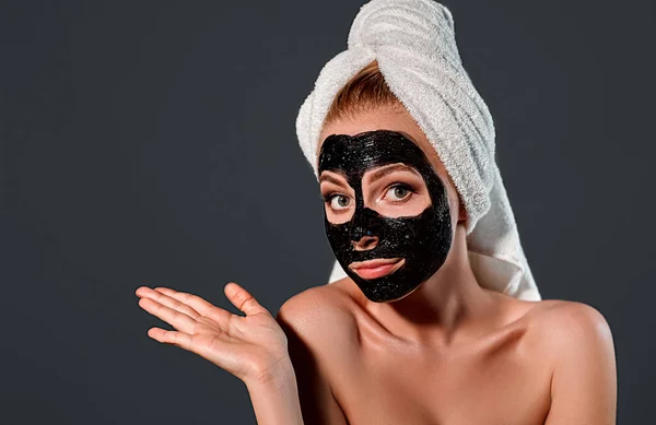 Portrait Young Attractive Woman Towel Her Head Cleansing Black Mask — Stock Photo, Image