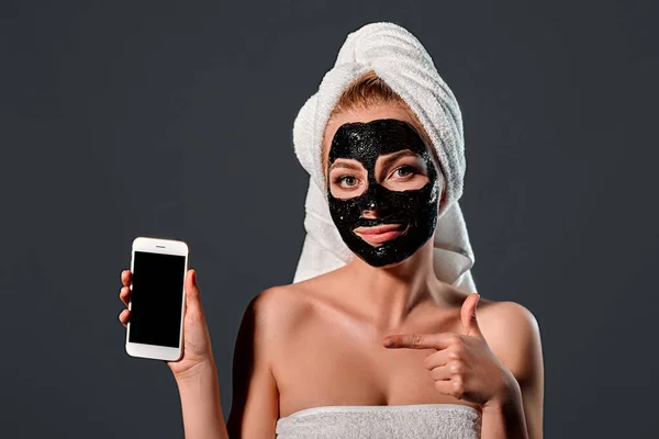 Portrait Young Attractive Woman Towel Her Head Black Cleansing Mask — Stock Photo, Image