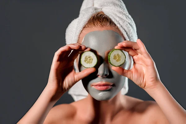 Young Woman Clay Mask Photo Attractive Young Woman Covering Her — Stock Photo, Image