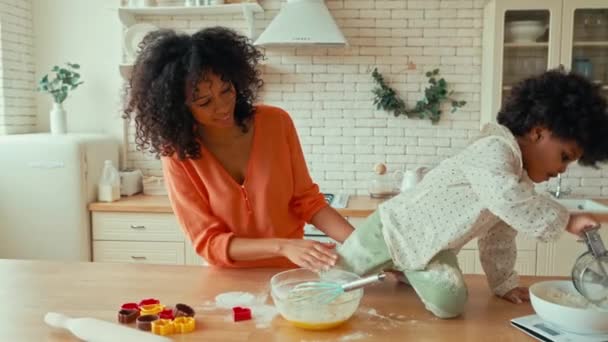 彼女の小さな娘とアフリカ系アメリカ人の女性は カールふわふわの髪を楽しみ キッチンでクッキーを作っています 母と娘は一緒に小麦粉をボウルに入れて調理します — ストック動画