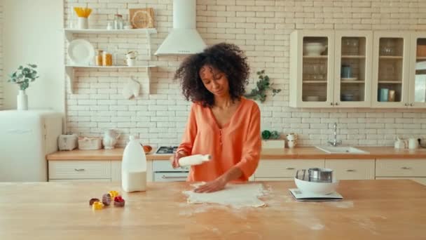 Jolie Femme Afro Américaine Aux Cheveux Bouclés Pelucheux Déroulant Pâte — Video