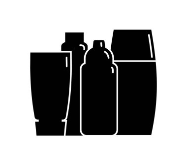 Kozmetik konteynır. Dört plastik kozmetik kavanoz ürünü. Yağ, maske, krema. İnce beyaz çizgileri olan siyah bir siluet tasarımı. Beyaz arkaplanda yassı biçimdeki izole simge