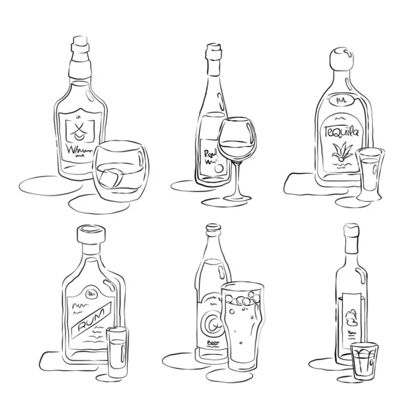 Botella Vaso Whisky Vino Tequila Ron Cerveza Vodka Juntos Estilo — Archivo Imágenes Vectoriales