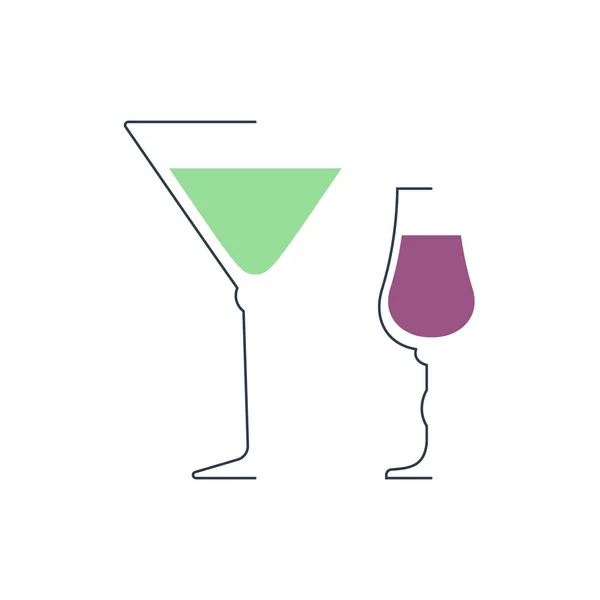 Martini Och Spritglas Minimalistisk Linjär Stil Kontur Glas Vänster Sida — Stock vektor