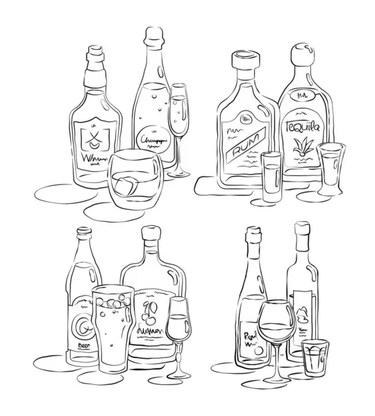 Butelka Szklanka Whisky Szampan Rum Tequila Piwo Alkohol Wino Wódka — Wektor stockowy