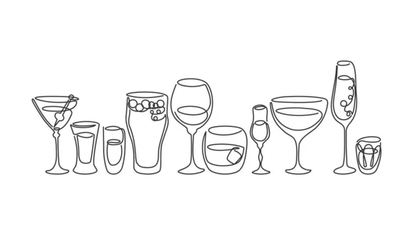 Bir sıra martini, rom, likör, şampanya, tekila, viski, vermut, beyaz arka planda votka kadehi. Siyah ve beyaz nesneler sıraya dizildi. El çizimi sürekli çizgi yolu