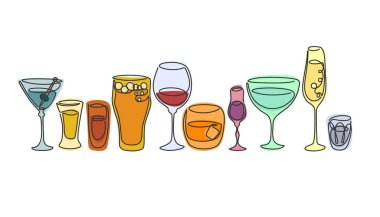 Bir sıra vermut viski, votka kırmızı şarap tekila şampanya, rom, martini bardağı. Çizgi film çizimi. Devamlı bir çizgi. El yapımı parti içkileri konsepti. Serbest çizim