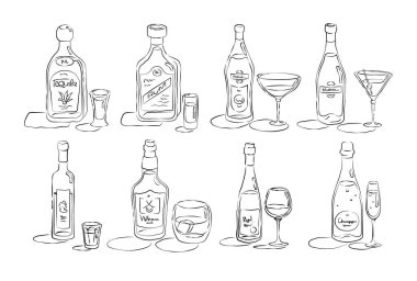 Şişe ve cam tekila, rom, vermut, martini, votka, viski, şarap, şampanya hepsi el yapımı. İçecek taslak simgesi. Beyaz arkaplanda çizgi çizimi