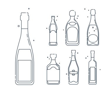 Şişe şarap, likör, şampanya, martini, votka, düz stil sanat. Kutlama tasarımı için restoran alkolik illüstrasyonu. İçecek taslak simgesi. Beyaz arkaplanda izole edilmiş