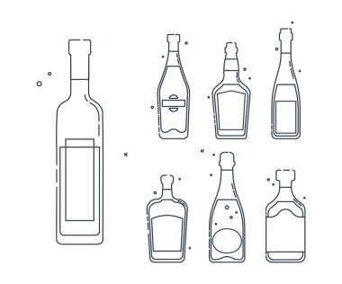 Şişe votka martini, viski, likör, şampanya, rom, düz stil. Kutlama tasarımı için restoran alkolik illüstrasyonu. İçecek taslak simgesi. Beyaz arkaplanda izole edilmiş