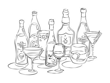 Şişe ve cam vermut birası kırmızı şarap viski martinisi el yapımı. İçecek taslak simgesi. Kutlama tasarımı için restoran illüstrasyonu. Çizgi çizimi. Beyaz arkaplanda izole edilmiş