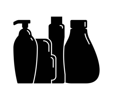 Kozmetik konteynır. Dört plastik kozmetik kavanoz ürünü. Yağ, maske, krema. İnce beyaz çizgileri olan siyah bir siluet tasarımı. Beyaz arkaplanda yassı biçimdeki izole simge
