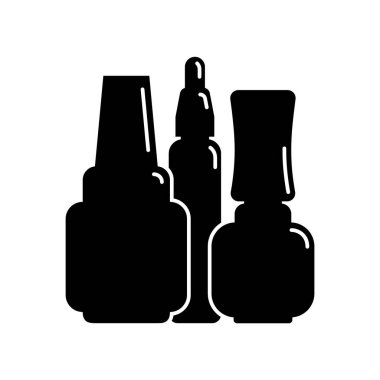 Sırada üç kozmetik konteynır oje jölesi var. Kadın makyaj ürünü. Plastik ya da cam şişe. Moda ve tarz. Siyah siluet. Ayrı bir nesne. Görüntü izole edilmiş beyaz arkaplan