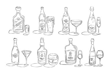 Şişe ve cam rom, bira, vermut, şampanya, martini, viski, içki, el yapımı şarap. İçecek taslak simgesi. Beyaz arkaplanda çizgi çizimi