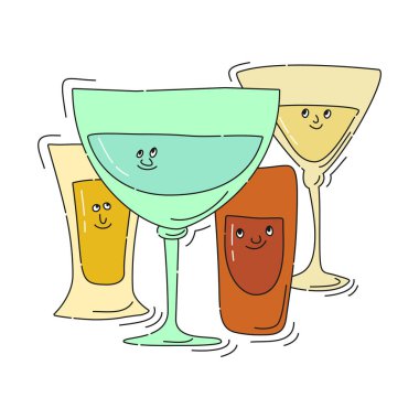 Beyaz arka planda gülen yüzlü tekila vermut rom martini. Çizgi film çizimi. Siyah çizgili Doodle tarzı. Güzel el çizimi cam. Parti içkileri konsepti. Kawaii serbest çizim biçimi