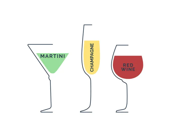 Martini Champagne Och Rött Vinglas Minimalistisk Linjär Stil Vit Bakgrund — Stock vektor