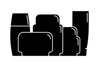 Kozmetik konteynır. Beş plastik kozmetik kavanoz ürünü. Yağ, maske, krema. İnce beyaz çizgileri olan siyah bir siluet tasarımı. Beyaz arkaplanda yassı biçimdeki izole simge