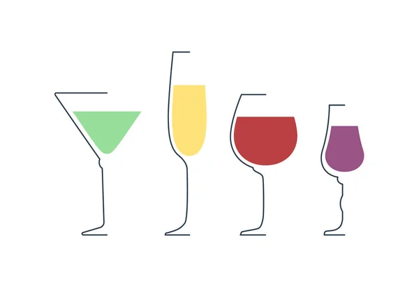 Martini Champagne Rött Vin Och Spritglas Minimalistisk Linjär Stil Kontur — Stock vektor