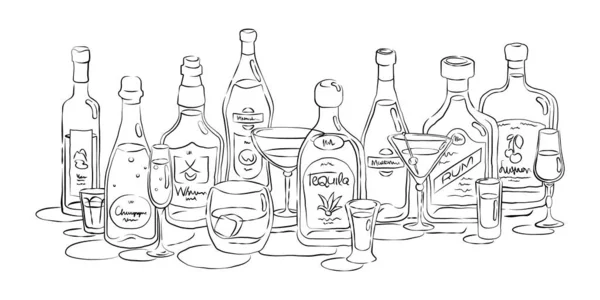Skupina Lahví Sklenic Vodky Šampaňské Whisky Vermut Tequila Martini Rum — Stockový vektor