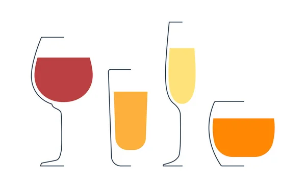 Rött Vin Rom Champagne Och Whiskyglas Minimalistisk Linjär Stil Kontur — Stock vektor