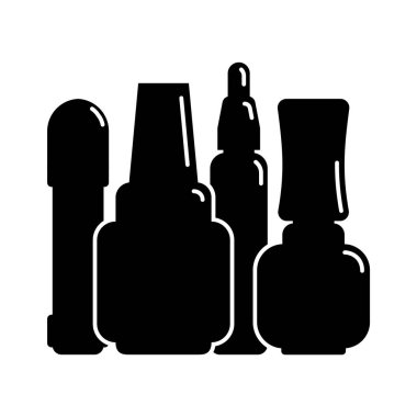 Dört kozmetik konteynırı sıra sıra oje jölesi. Kadın makyaj ürünü. Plastik ya da cam şişe. Moda ve tarz. Siyah siluet. Ayrı bir nesne. Görüntü izole edilmiş beyaz arkaplan