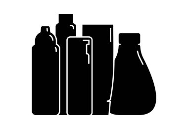 Kozmetik konteynır. Grup plastik kozmetik kavanoz ürünü. Yağ, maske, krema. İnce beyaz çizgileri olan siyah bir siluet tasarımı. Beyaz arkaplanda yassı biçimdeki izole simge