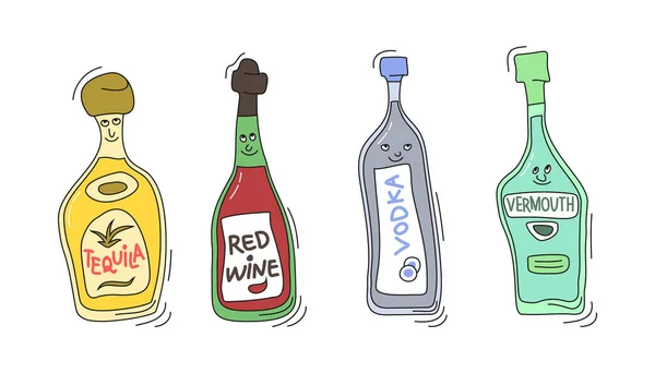 Tekila, kırmızı şarap, votka ve vermut, beyaz arka planda gülümseme. Çizgi film grafik tasarımı. Siyah çizgili Doodle tarzı. Güzel el çizimi şişe. Parti içkileri konsepti. Serbest çizim biçimi