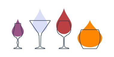 Dört bardak likör, martini, kırmızı şarap ve viski. Bardak bardakta içki. Restoran ve bar için şablon alkol içeceği. Sembol partisi. Farklı içecekler. Beyaz arkaplanda izole düz çizim.