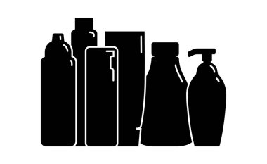 Kozmetik konteynır. Grup plastik kozmetik kavanoz ürünü. Yağ, maske, krema. İnce beyaz çizgileri olan siyah bir siluet tasarımı. Beyaz arkaplanda yassı biçimdeki izole simge