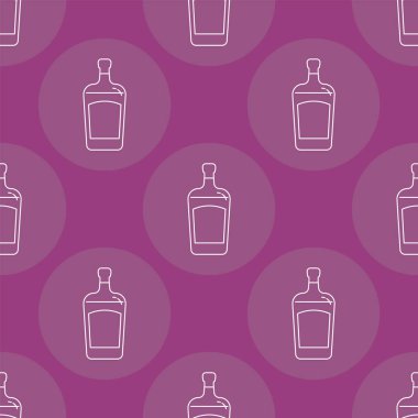 Düz stil likör şişelerinin kusursuz deseni ince çizgiler halinde. Arka planda renkli içecek çemberi var. İzole nesne tasarımı içeceği. Restoran, bar ve parti için basit bir simge