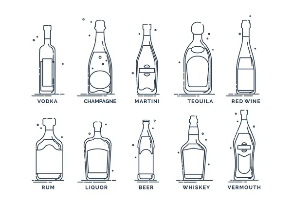 Sätt Alkoholhaltiga Drycker Alkoholflaskor Med Dryckessignaturer Vit Bakgrund Illustration Isolerad — Stock vektor
