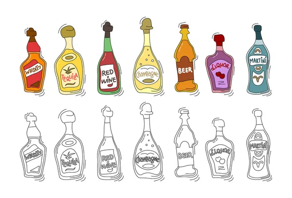 Viski, tekila, kırmızı şarap, şampanya, bira, likör, beyaz arka planda martini şişesi. İki çeşit içecek. Çizgi film çizimi. Siyah çizgili Doodle tarzı. Renkli el çizimi nesne. Parti içkileri konsepti. Freehand çizimi styl