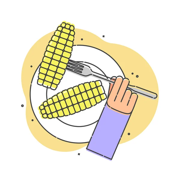 Кукуруза Вилке Человеческой Руке Одна Тарелке Белом Фоне Органические Овощи — стоковый вектор
